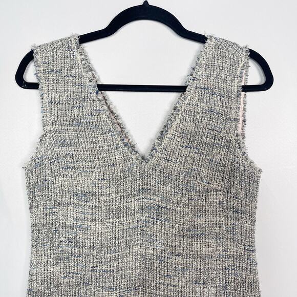 New Rebecca Taylor 4 Blue Gray Sleeveless Tweed V Neck Dress Ruffled Hem Cotton - Picture 3 of 14